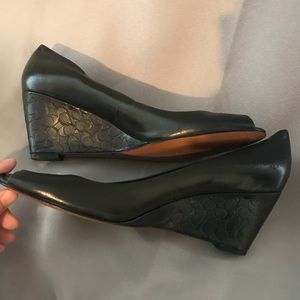 Coach Black Leather Monogrammed Wedges Heels
